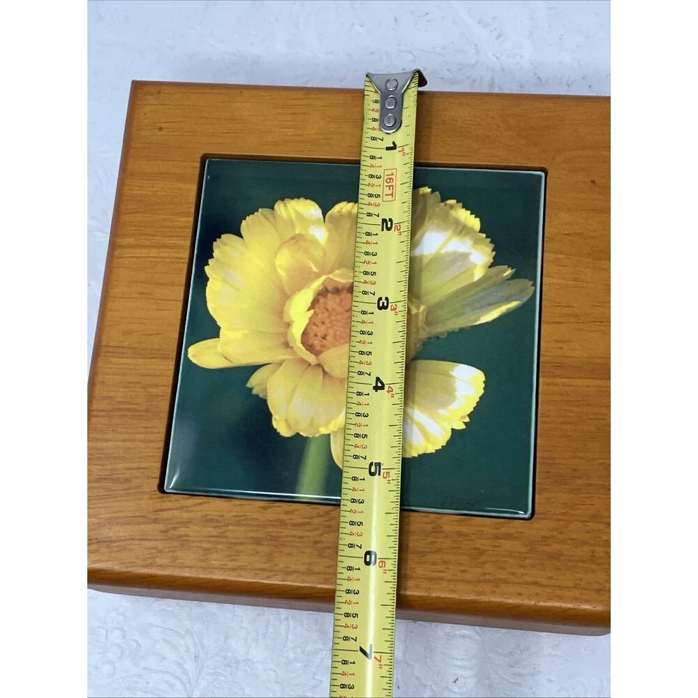 Vintage Flower Tile Top Wooden Jewelry Box Hinged Velvet Lined Marigold Trinket